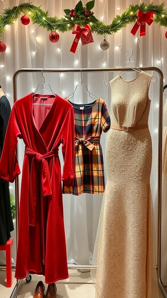 A display of K-Pop inspired Christmas dresses in red velvet, plaid, and sequins, set against a festive backdrop.